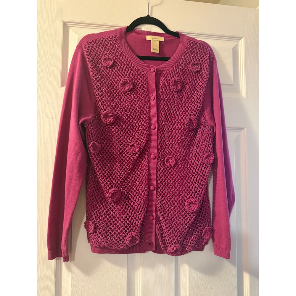 Vintage Bechamel Magenta Pink Cotton Floral Sequin Mesh Cardigan Sweater Large